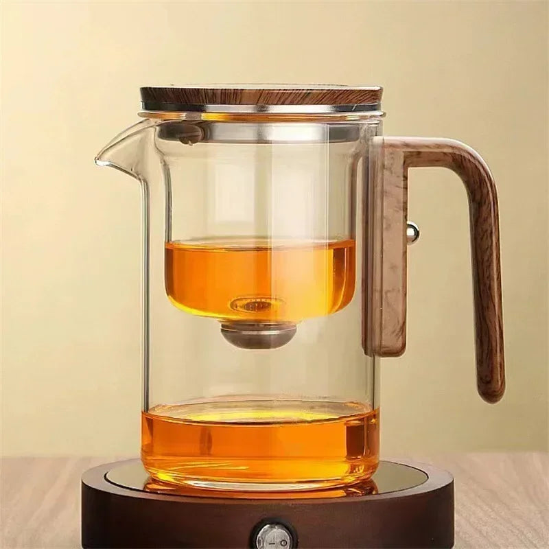 Magnetische Teekanne mit Wassertrennung und Holzgriff – Ein-Klick-Filter