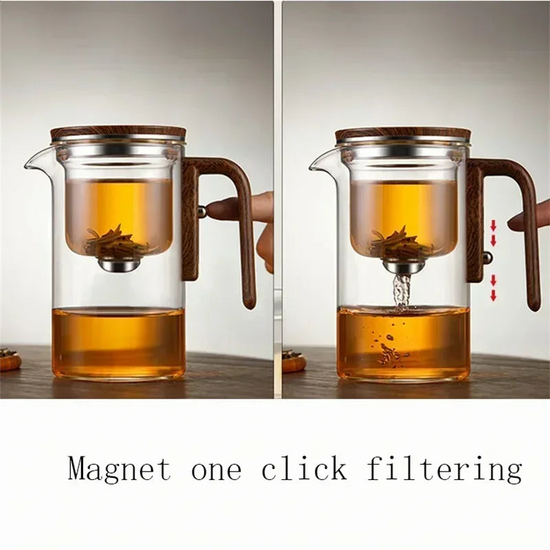 Magnetische Teekanne mit Wassertrennung und Holzgriff – Ein-Klick-Filter