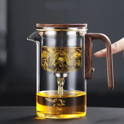 Magnetische Teekanne mit Wassertrennung und Holzgriff – Ein-Klick-Filter